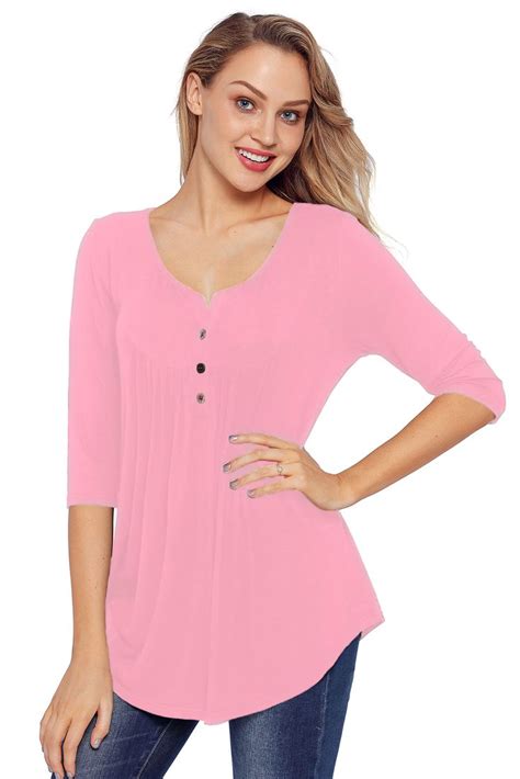 Pink 34 Sleeve Tunic Pleated Scoop Neck Tunic Tops