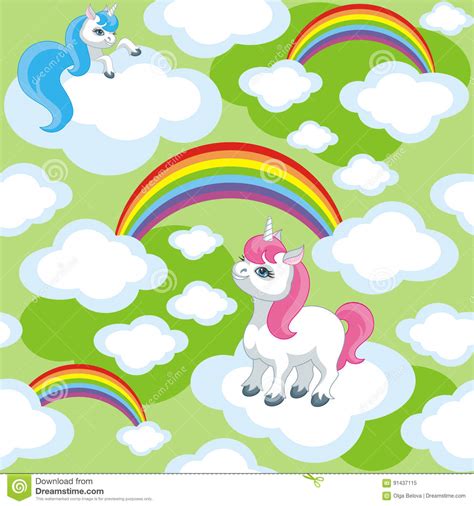 Unicorns And Rainbow Stock Vector Illustration Of Meadow 91437115