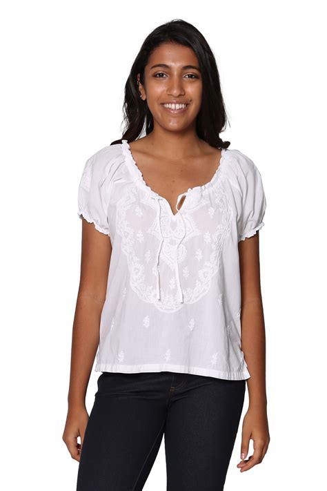 La Cera White Embroidered Short Sleeve Peasant Top La Cera