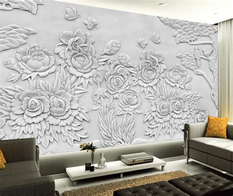Custom 3d Wallpaper Peony Relief Mural Backdrop Flower Wallpaper Modern