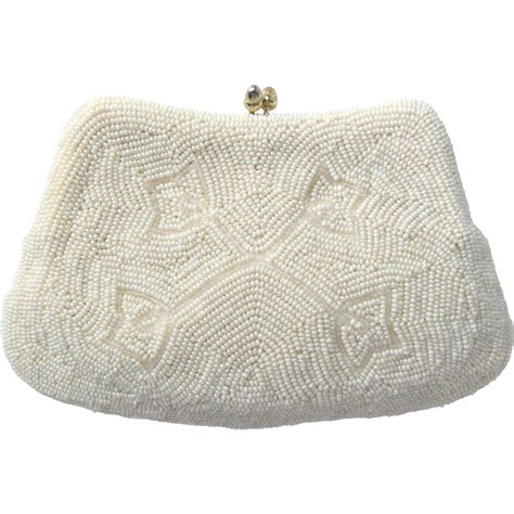 Vintage Beaded Convertible Evening Bag In White With Floral Design By