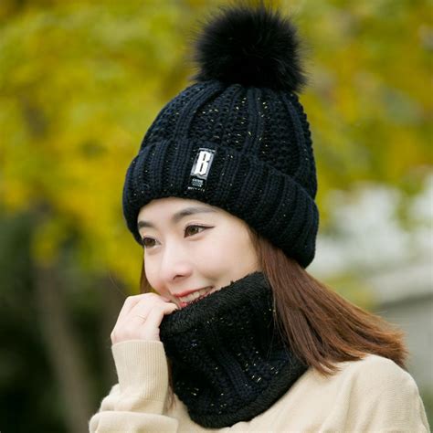 Buy 2pcs Scarf Hat Set Fashion Women Winter Warm Solid Pompoms Beanie Knitted Soft Caps Scarves