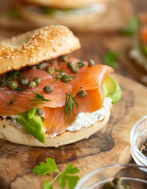 Top with waves of smoked salmon (a 300g pack is perfect here) add a dollop of horseradish crème fraîche to each toast then snip over ½ a punnet of cress. Smoked Salmon Breakfast Bagel / Smoked Salmon Bagels | Don't Go Bacon My Heart : Here are my ...