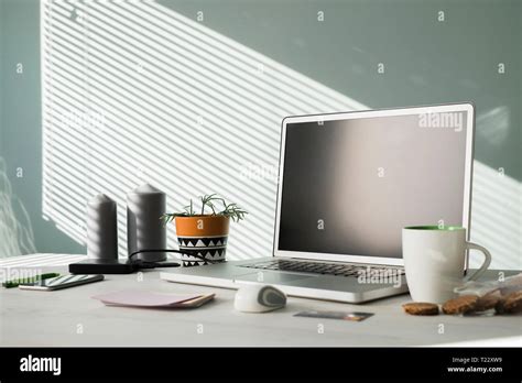 Opened Laptop On An Office Desk Stock Photo Alamy