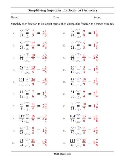 Simplifying Improper Fractions To Lowest Terms Easier Questions A