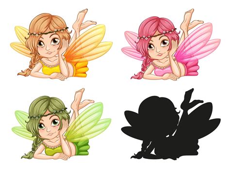 Set Of Fairy Characters And Its Silhouette On White Background