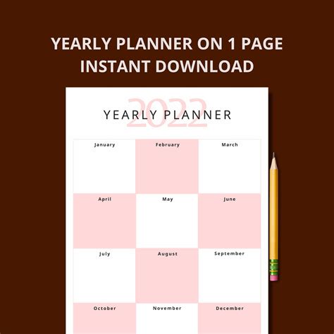 Yearly Planner At 1 Page Year At A Glance Canva Planner 2022 Etsy
