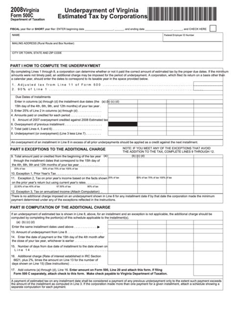 Virginia Form 500c Underpayment Of Virginia Estimated Tax By