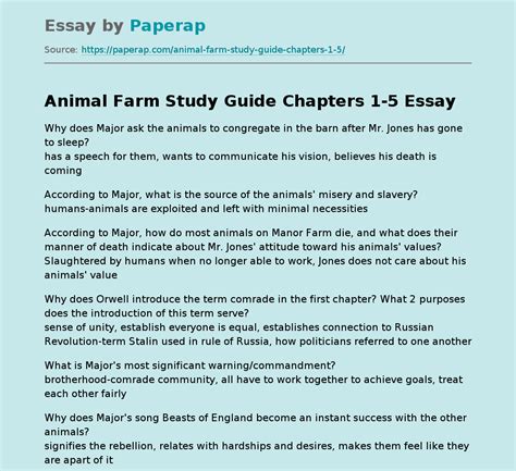 Animal Farm Study Guide Chapters 1 5 Free Essay Example