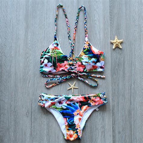 2017 New Women Handmade Bikini Flower Print Swimwear Sexy Bathing Suit