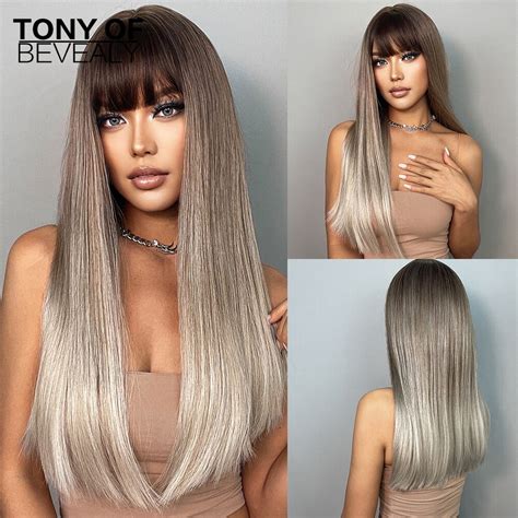 Long Straight Synthetic Wigs Brown To Blonde Ombre Hair Wigs With Bangs For Women Natural Daily