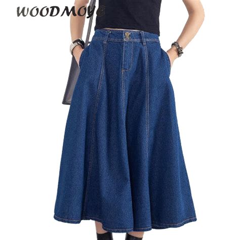 Women Long Denim Skirts Preppy Style Fashion A Line Jean Skirt 2017