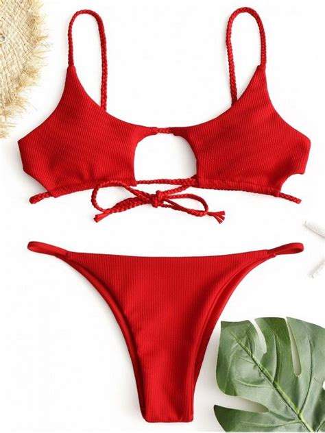 52 Off Popular 2020 Zaful Ribbed Braided Cut Out Bikini Set In Red