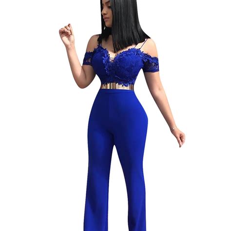 L55706 Sexy Spaghetti Straps Off The Shoulder Blue One Piece Jumpsuit
