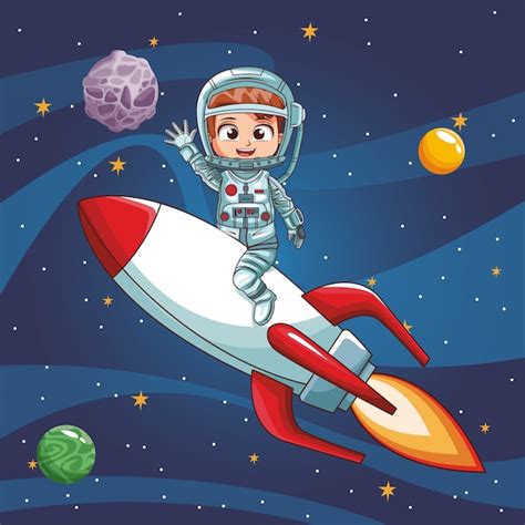 Niño Astronauta Volando En Nave Espacial Descargar Vectores Premium