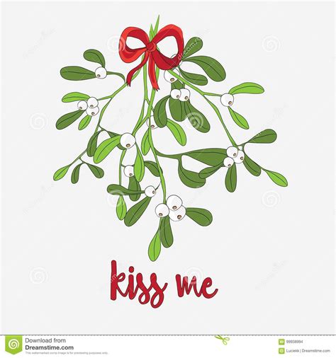 Vector Illustration Of Mistletoe With Red Bow Kiss Me Kight Grey