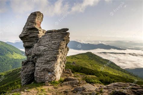 Premium Photo Huge Limestone Rocky Boulder On Green Mountain Top Of