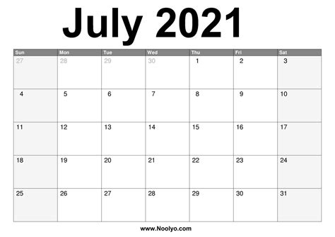 July 2021 Calendar Printable Free Download