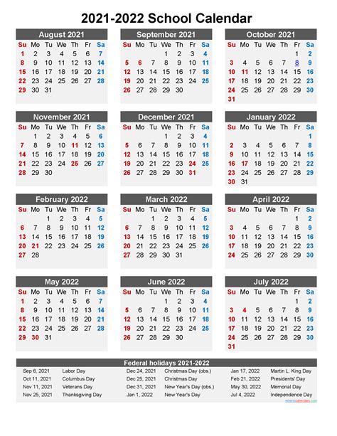 School Calendar 2021 And 2022 Printable Portrait Template Noscl22a10