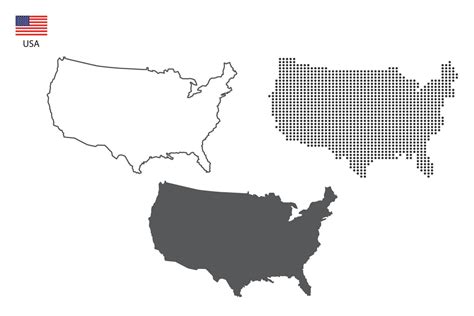 3 Versions Of Usa Map City Vector By Thin Black Outline Simplicity