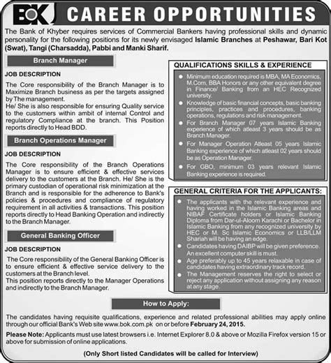 Responsible for coordination and management of the organization's operations functions in accordance with established systems and procedures, as well as overseeing new initiatives. Bank of Khyber Jobs 2015 February Online Apply Branch ...