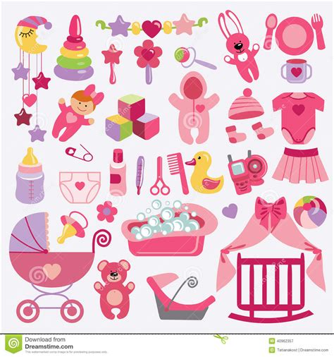 Baby bath icon cartoon vector. Newborn Baby-girl Items Set Collection. Baby Shower Stock ...