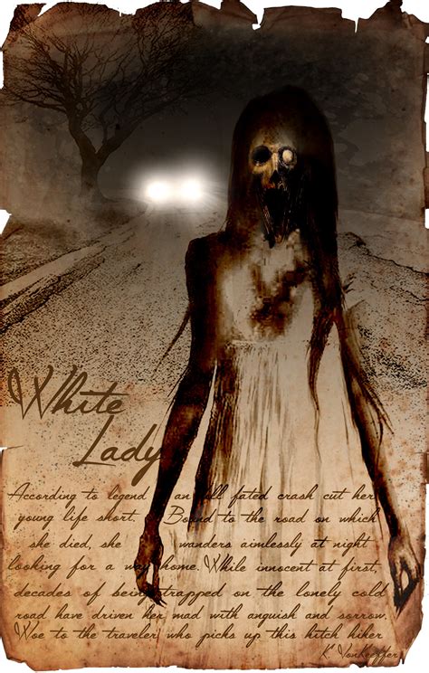 The white lady, hitch hiker ghost cryptid art, urban legend bestiary