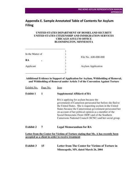 Appendix E Sample Annotated Table Of Contents For Asylum Filing