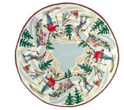 A Plate With Skiers On It And Trees Around The Edges In Red White And