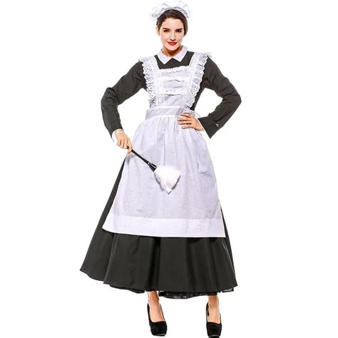 French Maid Costume Adult Women Black White Long Gown Arpon Dress