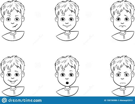 Black And White Drawing Set Of Cartoon Faces A Child With Various