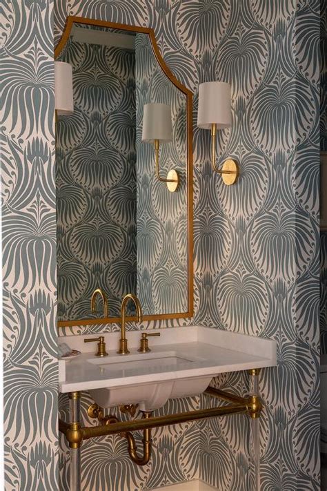 Elegant Powder Room Clad In Farrow And Ball Lotus Wallpaper Is Lit By