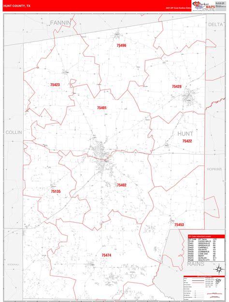 Hunt County Tx Zip Code Wall Map Red Line Style By Marketmaps Mapsales