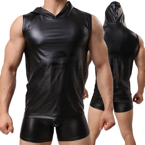 Buy New Sexy Pu Faux Leather T Shirts Hooded Cool Men