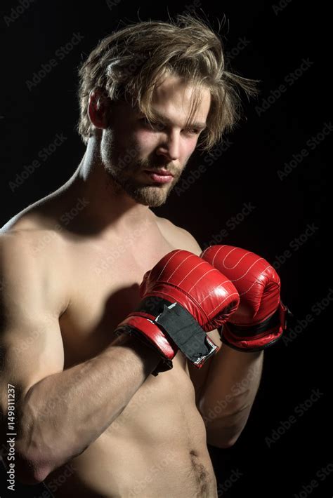 Attractive Sexy Boxer Naked Man In Boxing Red Gloves In Training Beautiful Boxer With