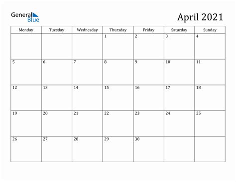 April 2021 Monday Start Calendar Pdf Excel Word