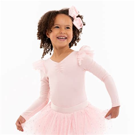 Tara Long Sleeve Leotard With Shoulder Ruffle In Pink Flo Dancewear