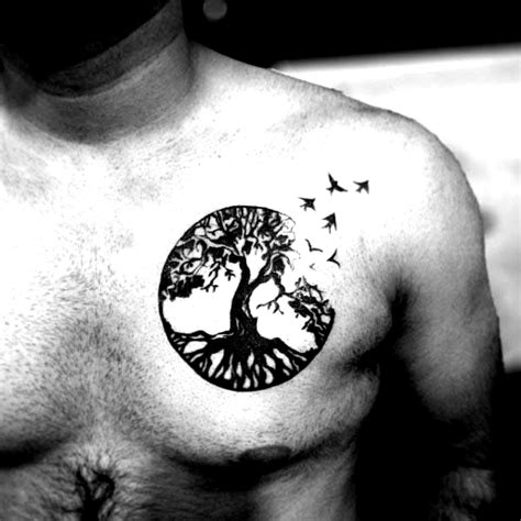 Circle Tree Of Life Upper Chest Birds Flying Mens Black Ink Tattoo