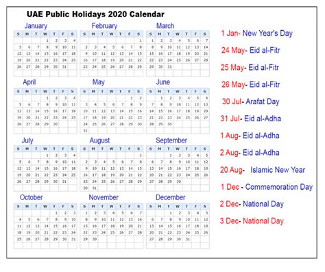 Uae Public Holidays 2020 Calendar Uae Holidays 2020