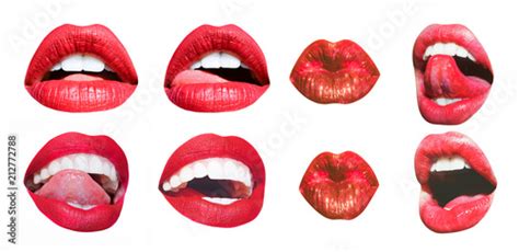 Mouth Icon Sexy Female Lips With Red Lipstick Isolated On White White Teeth Tongue Of