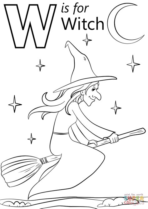 W is for Witch coloring page | Free Printable Coloring Pages