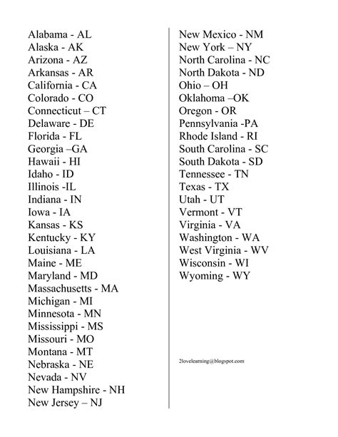 Printable State Abbreviations List