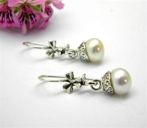 Small Dangle Pearl Earrings In Sterling Silver White Pearl