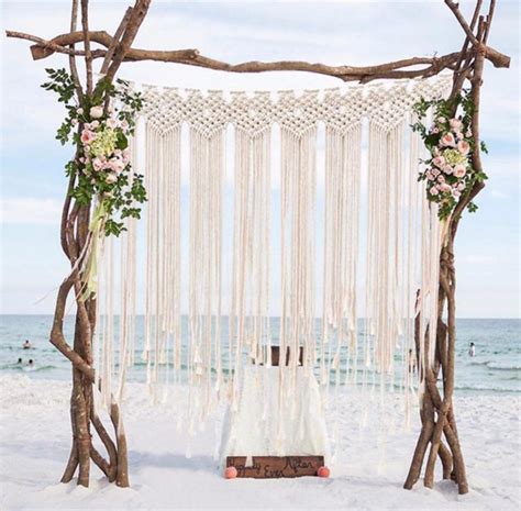 Driftwood Altar Macrame Curtain Framing Flowers Boho Wedding