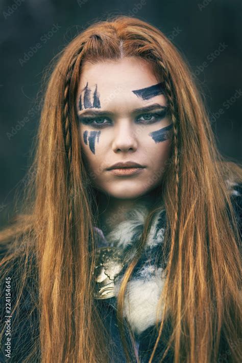 Close Up Portrait Of Young Redhead Northern Warrior Woman Leader With