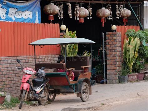 Little Asian Girl Sits In A Moto Rickshaw Near A House With Red Lanterns Editorial Photography
