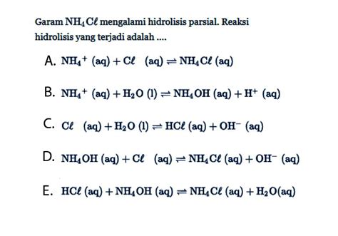 Garam NH4Cl Mengalami Hidrolisis Parsial Reaksi Hidrolis