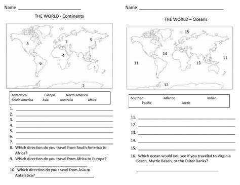 Continents And Oceans Quiz Worksheet
