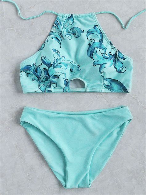 Shop Turquoise Floral Print Halter Bikini Set Online Shein Offers