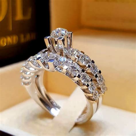 Boho Female Crystal White Zircon Stone Ring Set Luxury 925 Silver